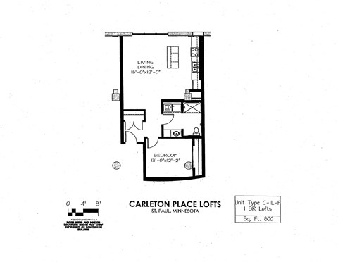 Floor plan for 1 bed, 1 bath, 800 sqft